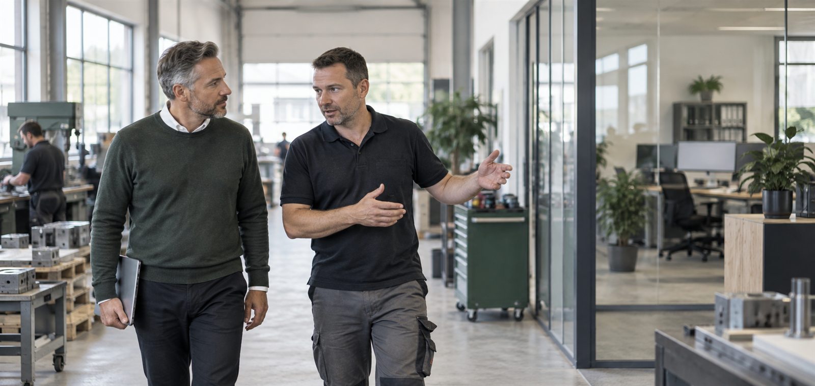 IT-Berater im Austausch mit einem mittelständischen Unternehmer in dessen Betrieb
